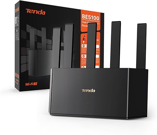 Tenda RE6L Pro Wi-Fi 7 Router (BE5100 Dual-Band 4323Mbit/s 5GHz, 688Mbit/s 2,4GHz)Vertikale Antennen, Wi-Fi+, 1x2.5Gbps+3xGigabit WAN/LAN Ports, MLO, 4K-QAM, NFC, VPN, WPA3,...